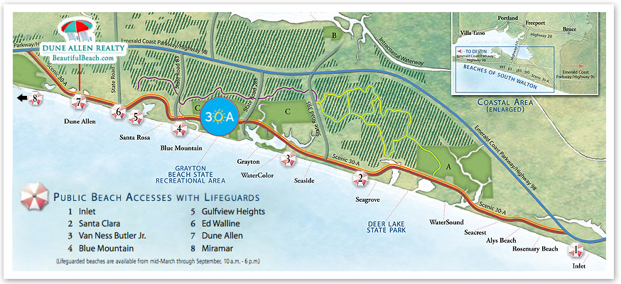 30A Florida map showing all the cities along 30A including Dune Allen, Santa Rosa, Blue Mountain Beach, Grayton Beach, WaterColor, Seaside, Seagrove, WaterSound, Seacrest, Alys Beach and Rosemary Beach.