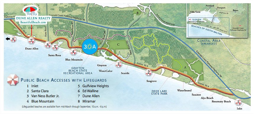 A map of the vacation communities along South Walton / 30A Florida