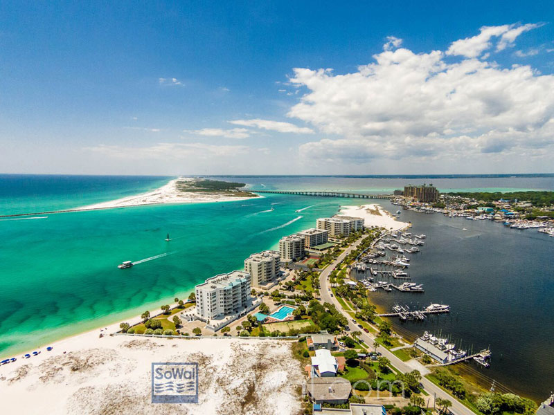 Aerial view of Destin and Miramar Beach, FL, near our vacation rentals.