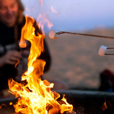 marshmallows over a bonfire at the beach