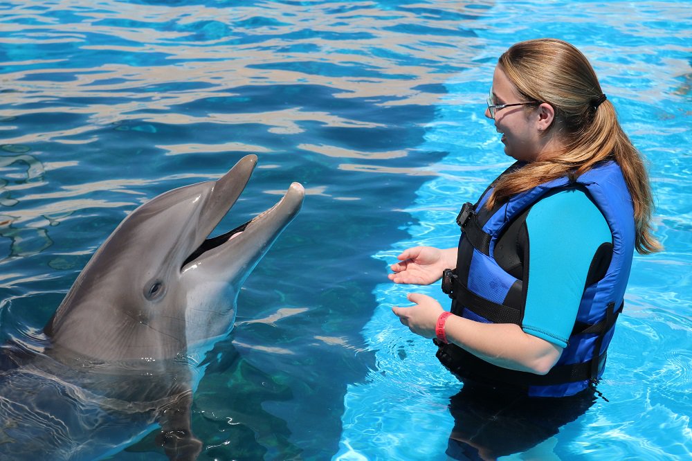 Woman in the water talking to a dolphin