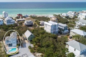 An aerial view of this extra large, private home rental with pool in Inlet Beach FL. It's in a quiet area of 30A.