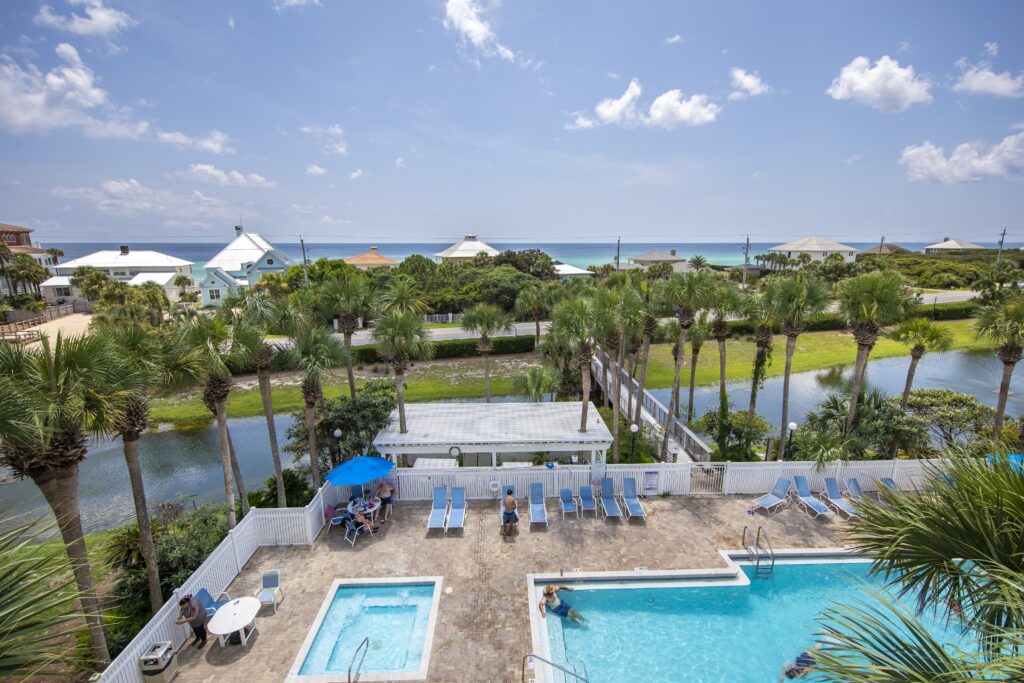 Pool and beach view from one of our Gulf Place vacation rentals