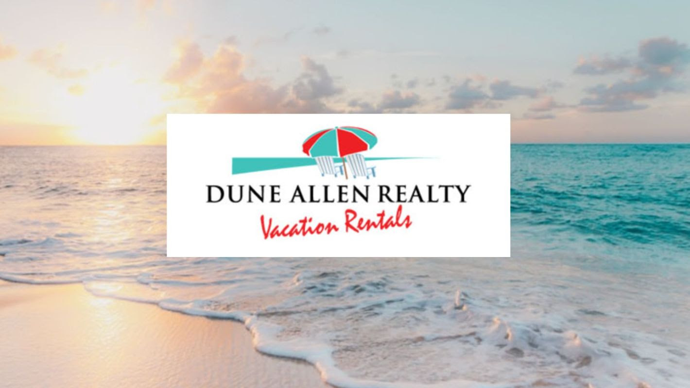 Dune Allen Realty Vacation Rentals logo over a beautiful 30A Florida beach sunset