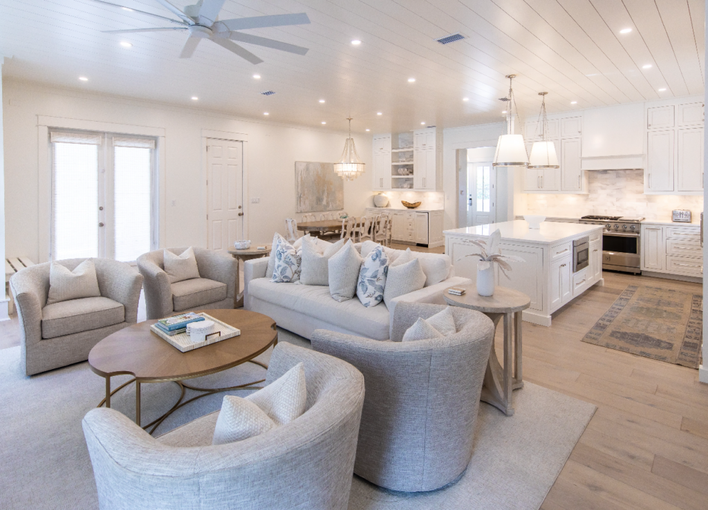 Living area and kitchen at Greek Treat - a beach rental home in Santa Rosa Beach.